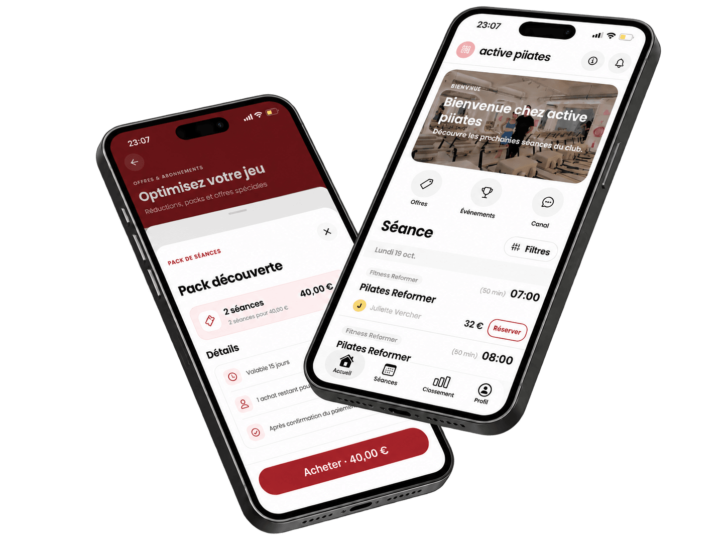 Deux téléphones inclinés montrant le pack découverte à gauche et l’accueil active pilates à droite